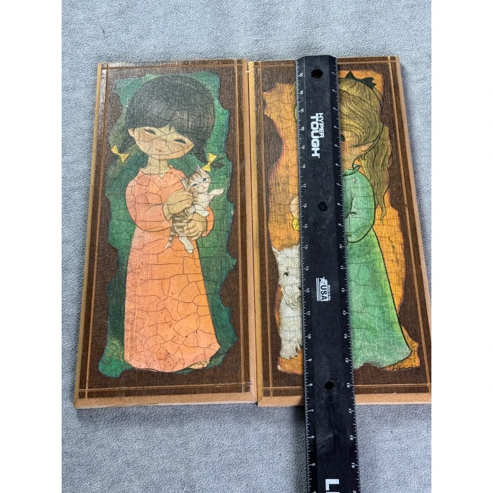 Vintage Big Eye Girl Wood Wall Plaques Set of 2 Londi 1970s Retro Kitsch Decor